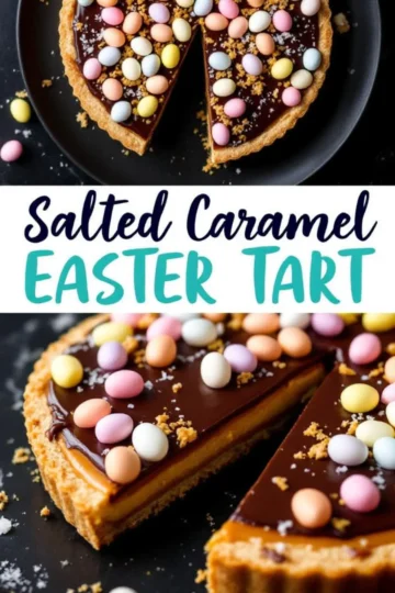 A collage featuring a salted caramel Easter tart topped with pastel candy eggs and chocolate ganache. The tart is sliced to reveal layers of caramel and chocolate, with scattered candy eggs and cookie crumbs. Text overlay reads “Salted Caramel Easter Tart.”