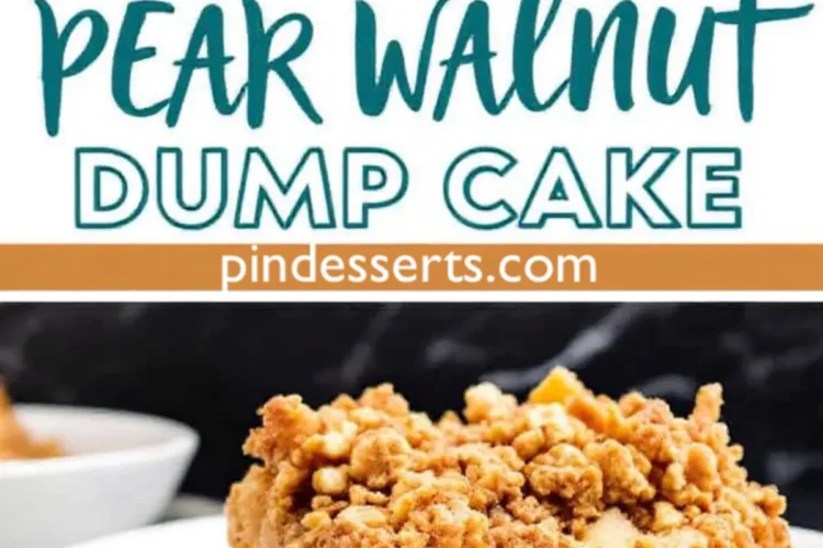 A close-up of a golden, crunchy spiced pear walnut dump cake in a white baking dish. Below, a plated slice with a crispy walnut topping sits on a white plate. The soft pear filling is visible, and the background includes a blurred dark surface and dessert bowls.