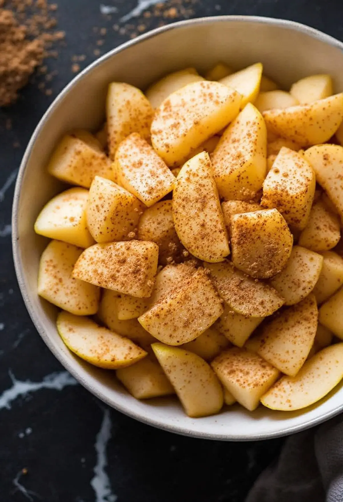 A bowl filled with freshly chopped pears sprinkled with cinnamon and spices. The pears are cut into uniform wedges and have a dusting of warm brown spice, sitting on a black marble countertop.