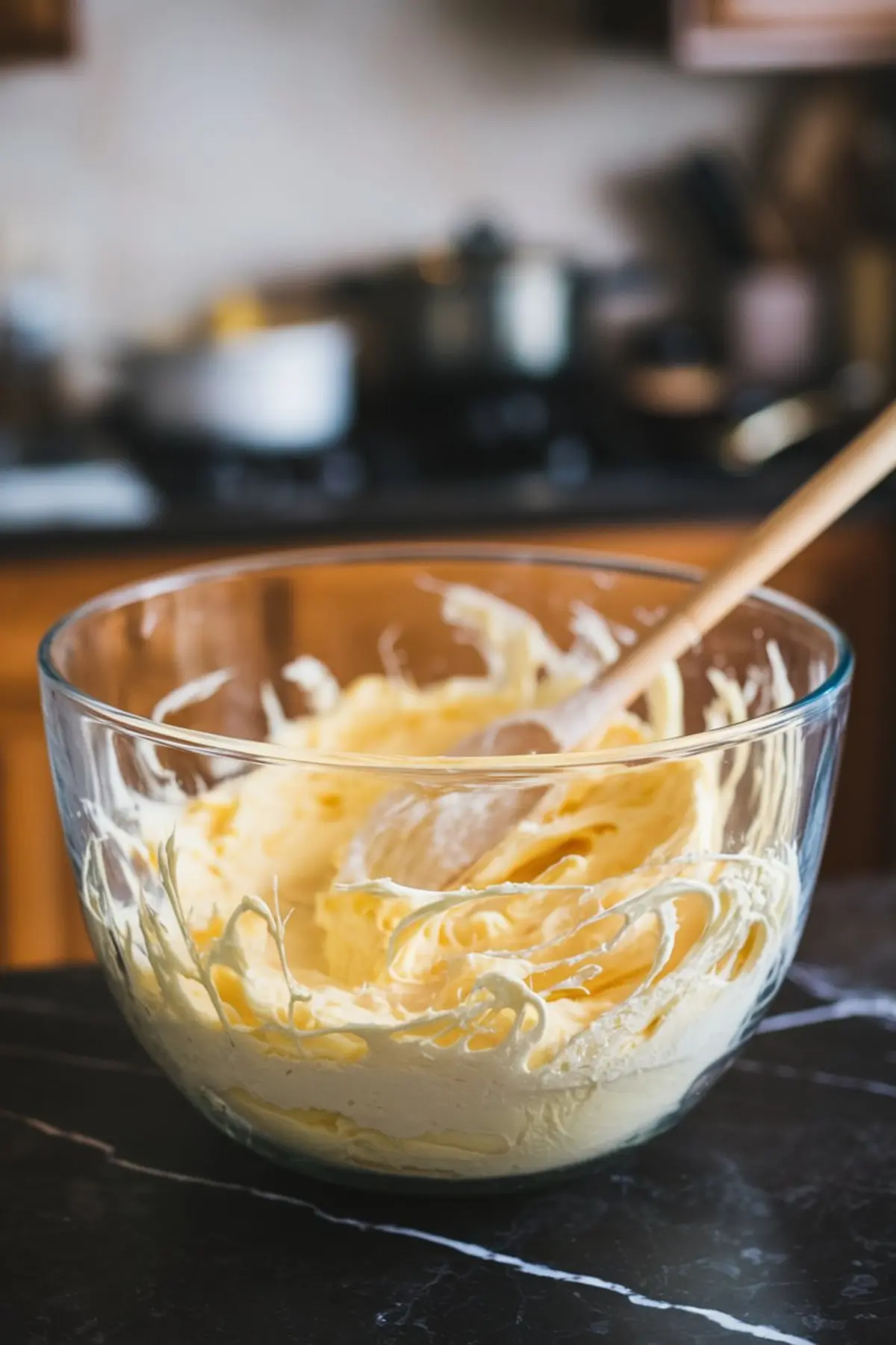 A glass mixing bowl with creamy yellow cookie dough and a wooden spoon, set on a dark marble countertop in a kitchen.