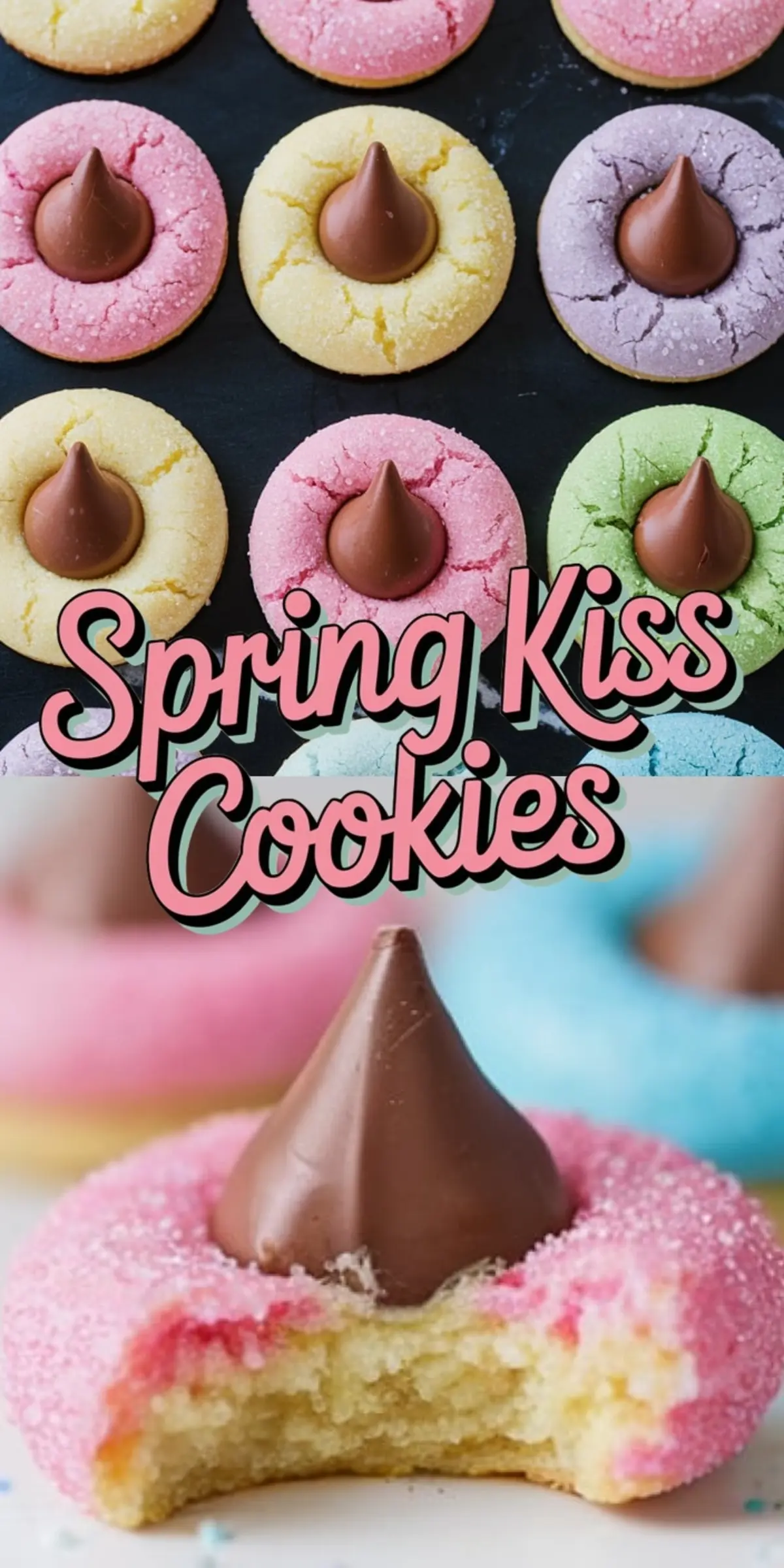 A collage of vibrant Spring Kiss Cookies with chocolate kisses in pastel shades of pink, yellow, green, blue, and purple, showcasing close-ups and a bite shot.