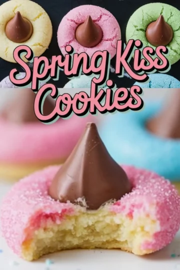 A collage of Spring Kiss Cookies in pastel colors with chocolate kisses, featuring close-ups and a bite shot, highlighting the sugar-coated texture and soft interior.