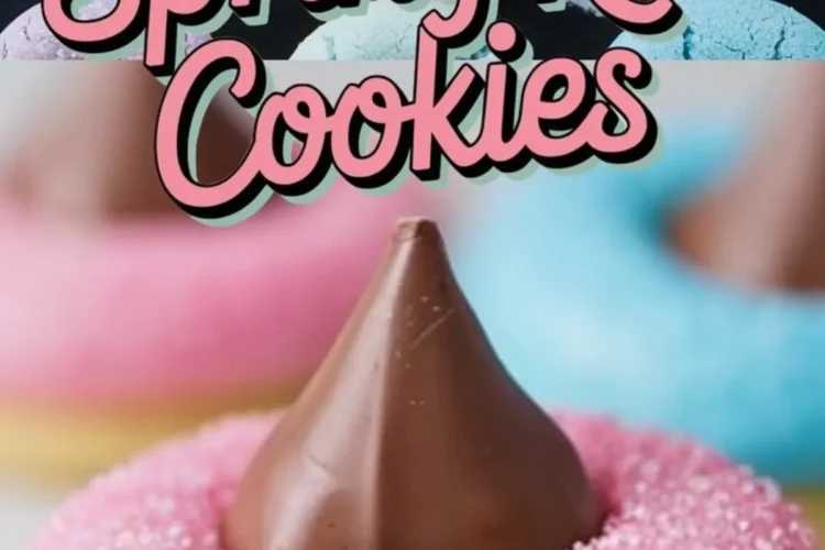 A collage of Spring Kiss Cookies in pastel colors with chocolate kisses, featuring close-ups and a bite shot, highlighting the sugar-coated texture and soft interior.