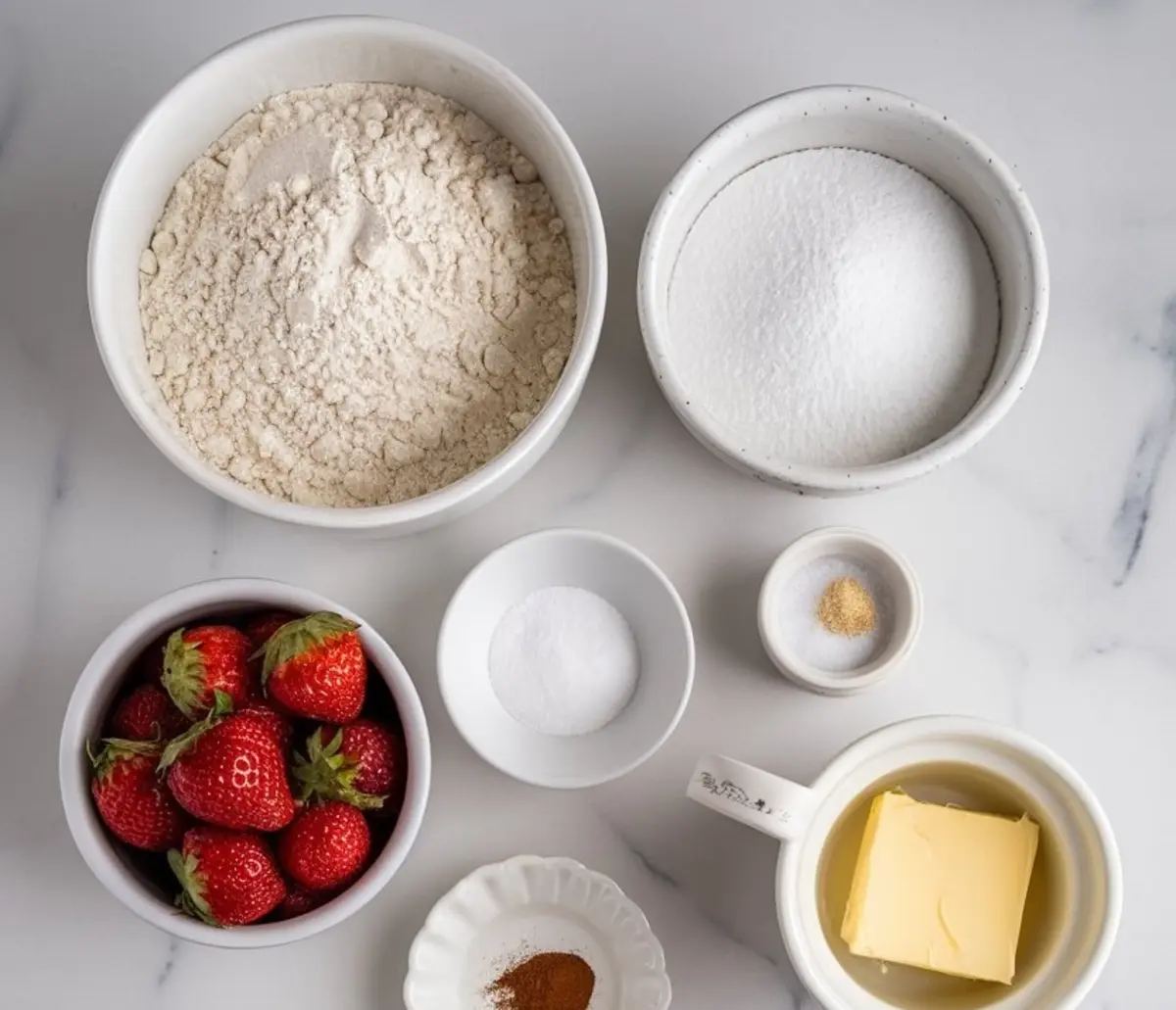 Image of baking ingredients arranged on a marble countertop, including flour, sugar, fresh strawberries, butter, cinnamon, baking powder, and salt in white bowls.