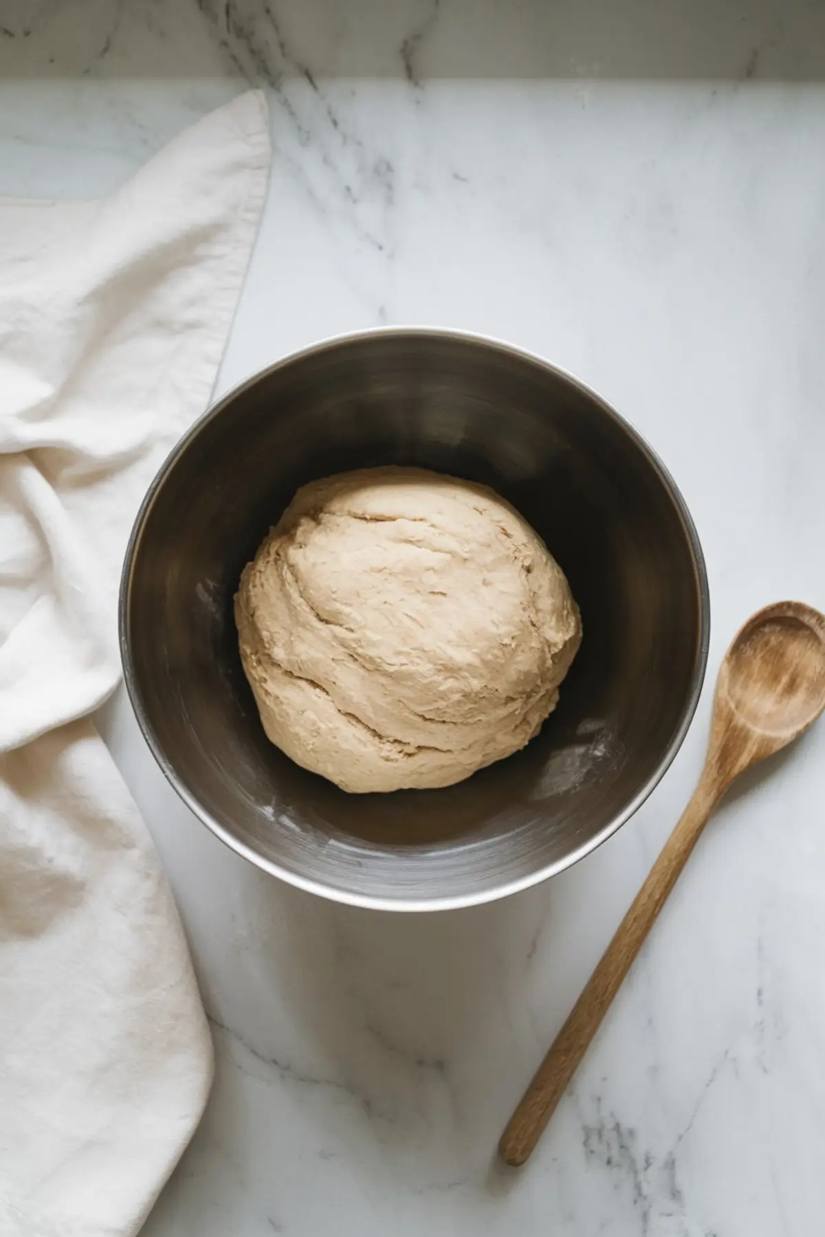 Image of bread dough resting in a stainless steel mixing bowl on a marble surface, accompanied by a wooden spoon and a white kitchen towel.