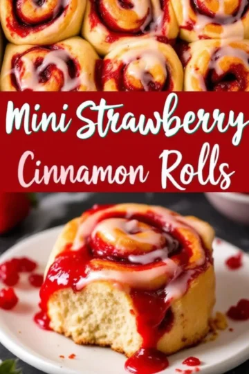 Collage of mini strawberry cinnamon rolls featuring text “Mini Strawberry Cinnamon Rolls” in bold red, paired with a close-up showing a fluffy interior and strawberry glaze.