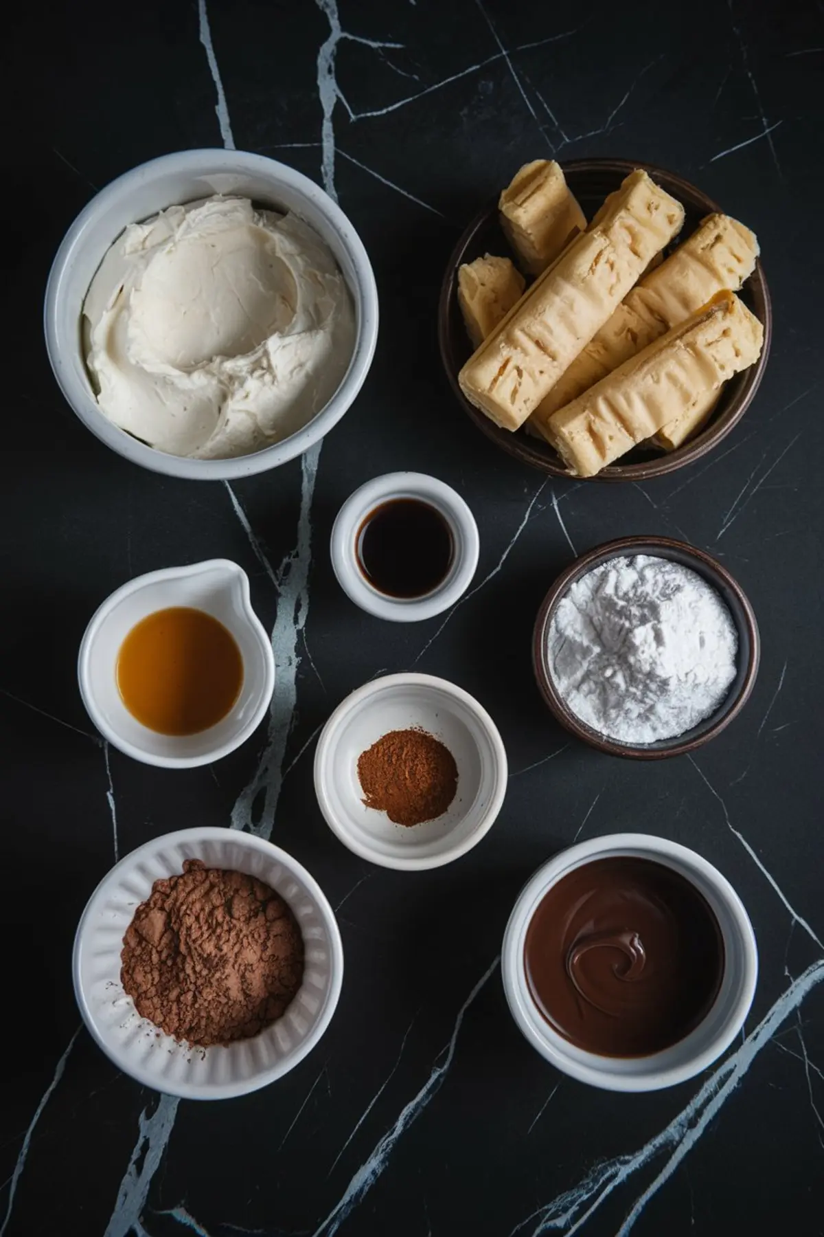 Ingredients for making tiramisu truffles arranged on a dark marble surface. Bowls contain mascarpone cheese, ladyfinger cookies, cocoa powder, espresso powder, vanilla extract, powdered sugar, and melted chocolate. The organized layout showcases each component needed for the dessert.