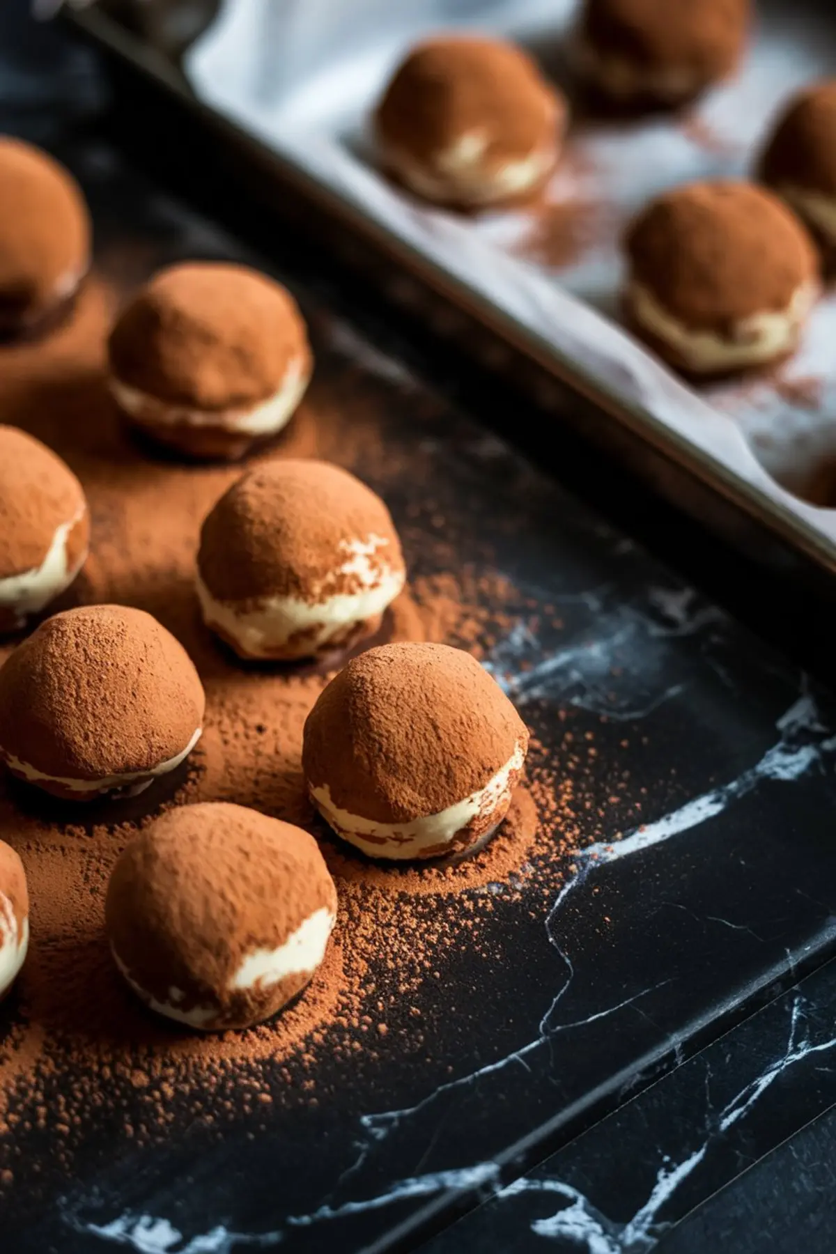 Half-assembled tiramisu truffles on a dark marble surface. Each truffle is coated in cocoa powder with a layer of creamy filling visible. A baking tray lined with parchment holds additional truffles, showing the preparation process.