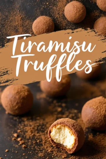 Tiramisu truffles on a dark surface with a rustic cocoa-dusted background. One truffle is bitten into, revealing a soft, creamy interior. A text overlay reads “Tiramisu Truffles” in bold white script, highlighting the dessert’s name.