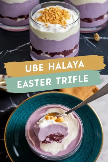 Glass cups filled with layers of ube halaya trifle, featuring vibrant purple ube mousse, white whipped cream, and a crunchy golden topping. The dessert is presented on a dark marble surface, with a spoonful lifted to showcase its creamy texture and rich layers. The text overlay reads “UBE HALAYA EASTER TRIFLE.”