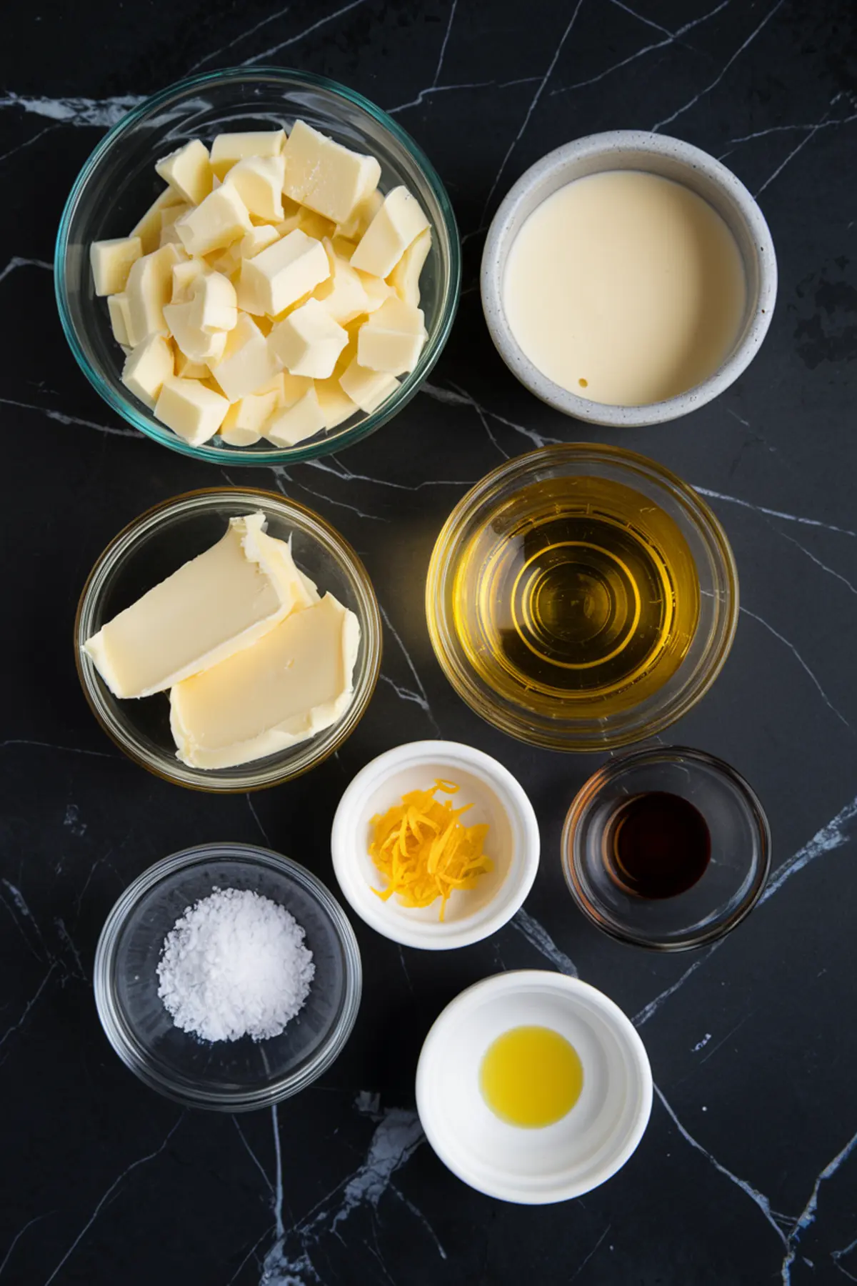 A flat lay of ingredients in small bowls on a black marble surface, including chopped white chocolate, butter, heavy cream, limoncello liqueur, vanilla extract, lemon zest, sea salt, and olive oil, arranged for making white chocolate limoncello truffles.