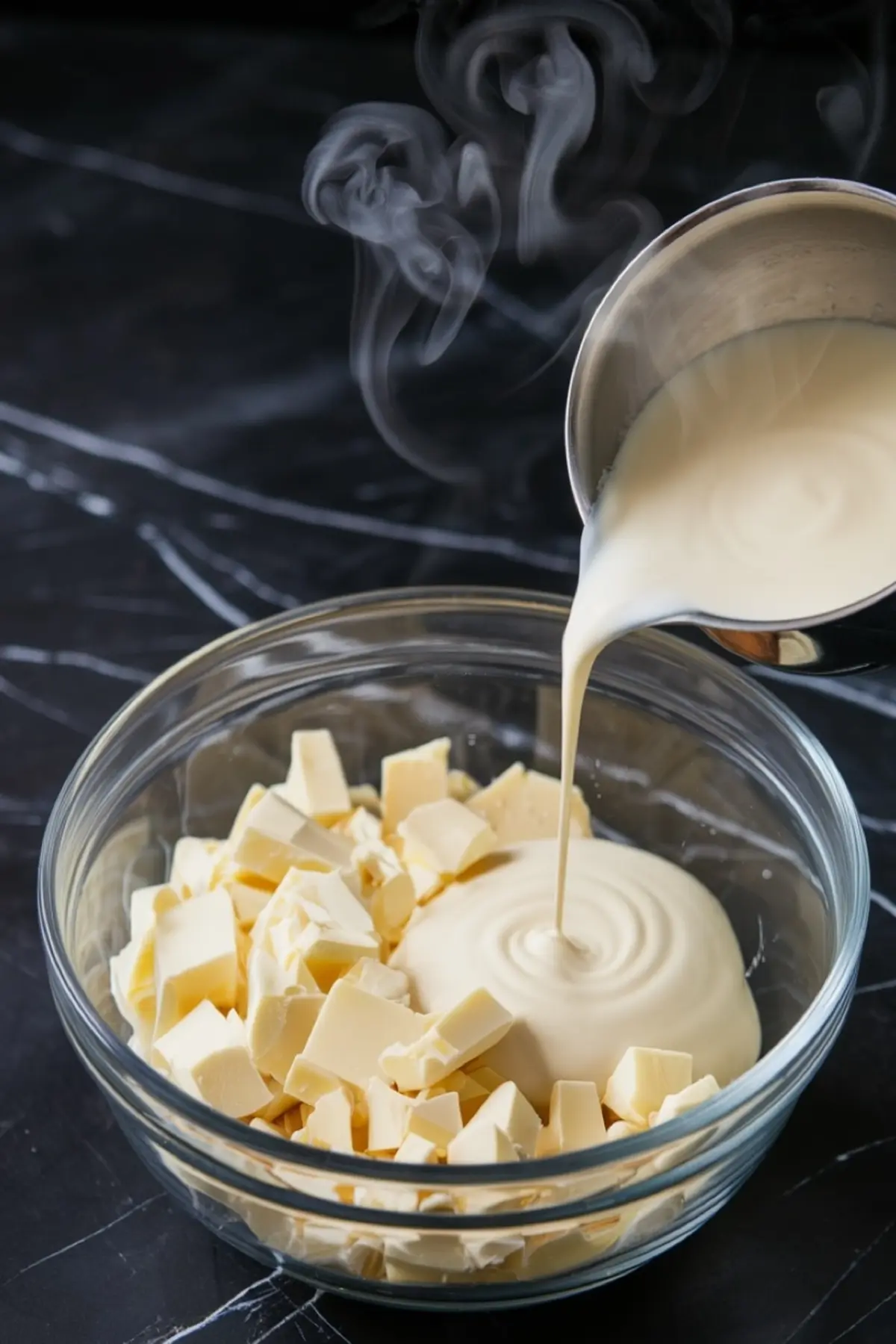 A close-up shot of warm cream being poured over chopped white chocolate in a glass bowl, creating a smooth ganache for the truffle filling. Steam rises from the cream, emphasizing the melting process.