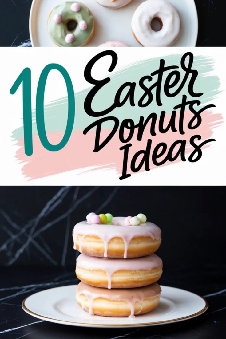 Stacked Easter donuts decorated with pastel pink glaze and colorful candy eggs on a white plate. The image also shows a partial view of a plate with donuts covered in green and white icing with mini eggs. In the center, bold text reads “10 Easter Donuts Ideas” in black cursive and teal lettering over a pastel brushstroke background. Festive dessert inspiration for Easter brunch, spring parties, and creative donut decorating ideas.