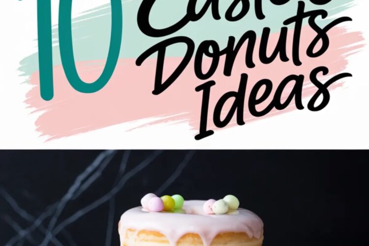 Stacked Easter donuts decorated with pastel pink glaze and colorful candy eggs on a white plate. The image also shows a partial view of a plate with donuts covered in green and white icing with mini eggs. In the center, bold text reads “10 Easter Donuts Ideas” in black cursive and teal lettering over a pastel brushstroke background. Festive dessert inspiration for Easter brunch, spring parties, and creative donut decorating ideas.