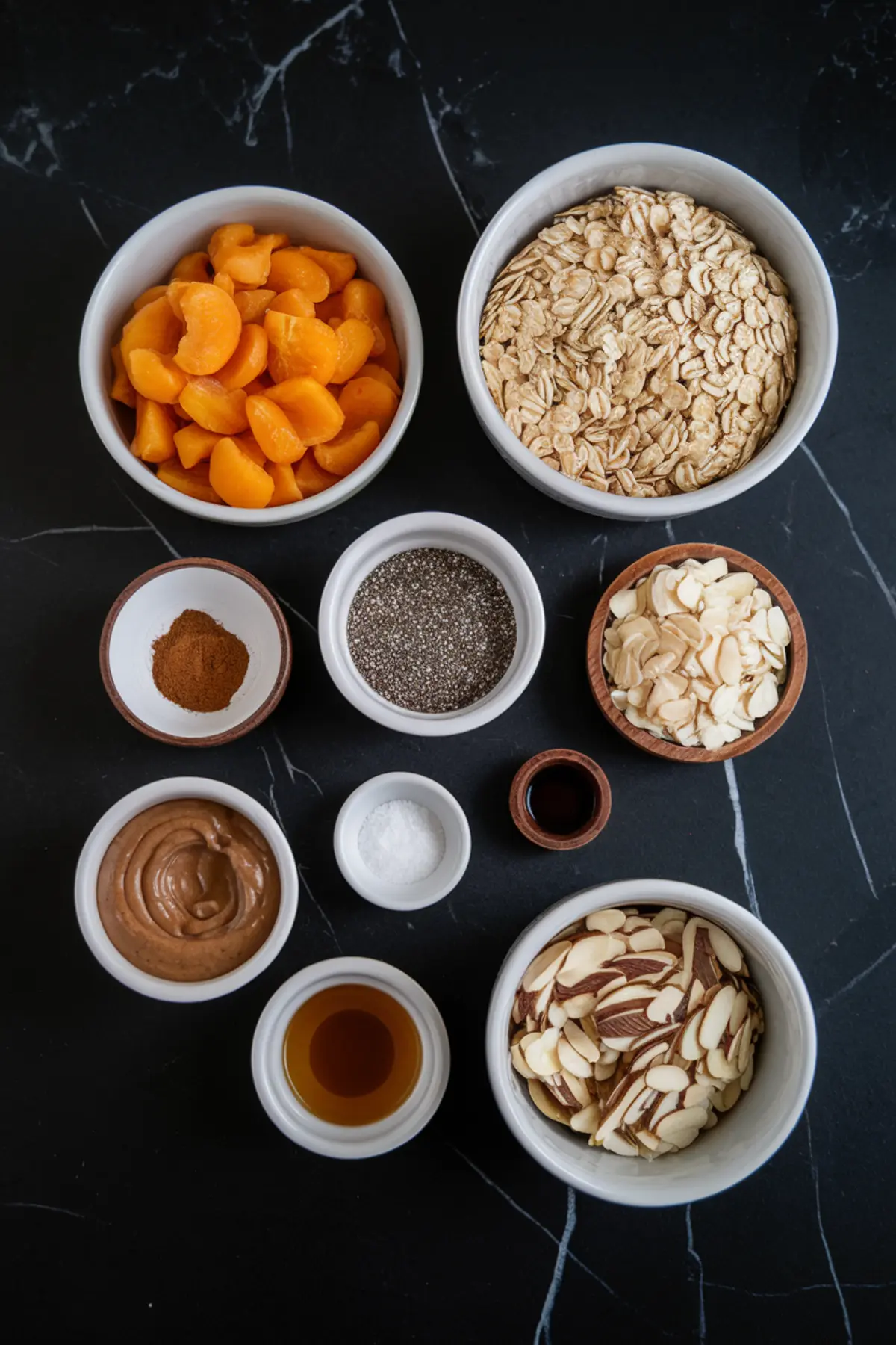 Overhead view of small bowls filled with ingredients for no-bake apricot chia energy bars, arranged on a black marble surface. The bowls contain dried apricots, rolled oats, sliced almonds, chia seeds, cinnamon, almond butter, vanilla extract, salt, and maple syrup.