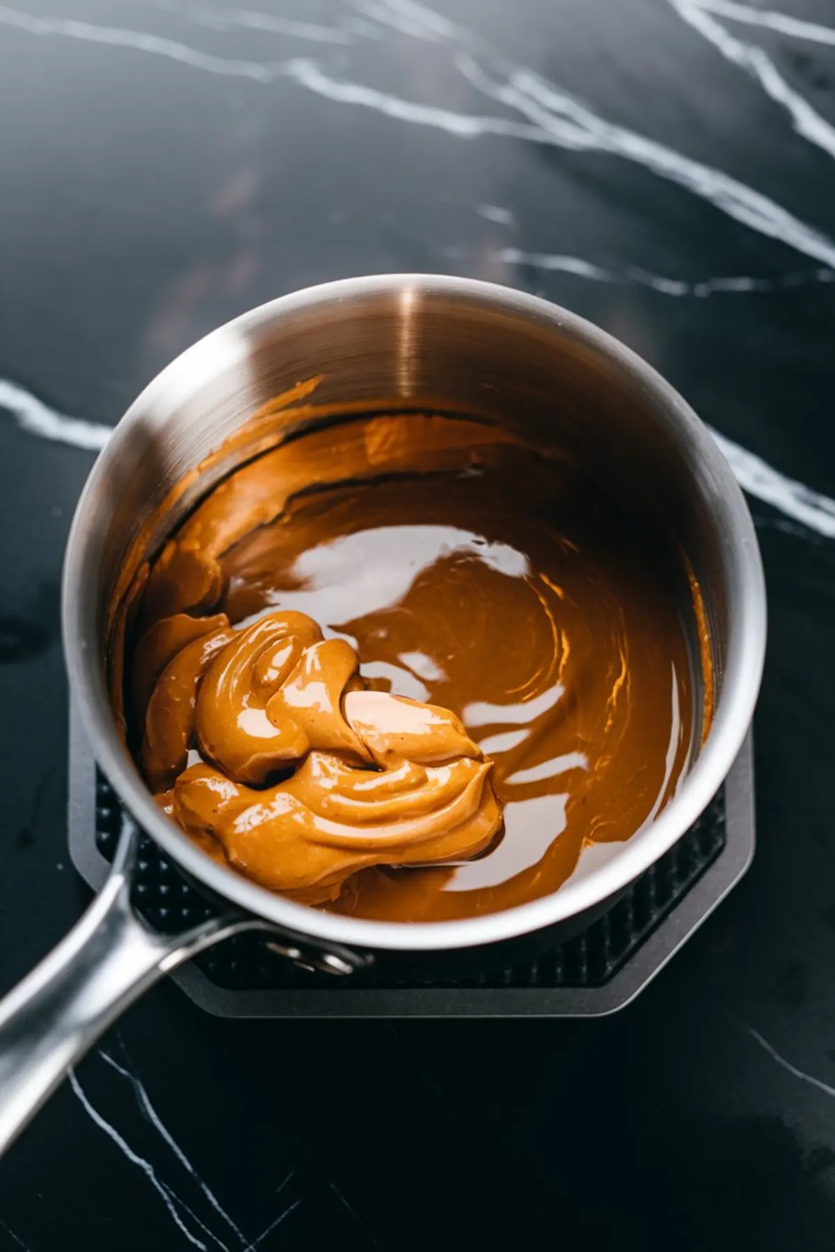 Close-up of a saucepan with melted almond butter, creating a smooth, glossy texture. The pan sits on a black marble countertop, reflecting light.