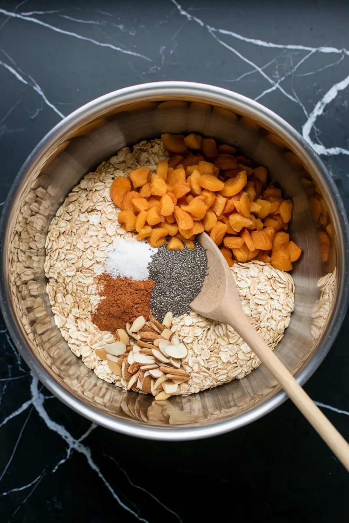 Large mixing bowl filled with rolled oats, chopped dried apricots, sliced almonds, chia seeds, cinnamon, and salt. A wooden spoon rests in the bowl, ready to mix the dry ingredients.