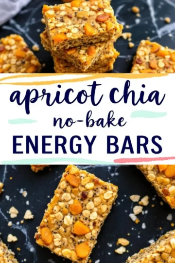 Another collage featuring apricot chia energy bars. The top image highlights a stack of three bars with visible apricot chunks and chia seeds. The bottom image presents scattered bars with a text overlay in a playful, handwritten font that says “Apricot Chia No-Bake Energy Bars.”