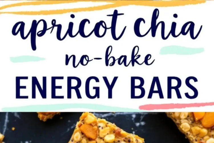 Another collage featuring apricot chia energy bars. The top image highlights a stack of three bars with visible apricot chunks and chia seeds. The bottom image presents scattered bars with a text overlay in a playful, handwritten font that says “Apricot Chia No-Bake Energy Bars.”