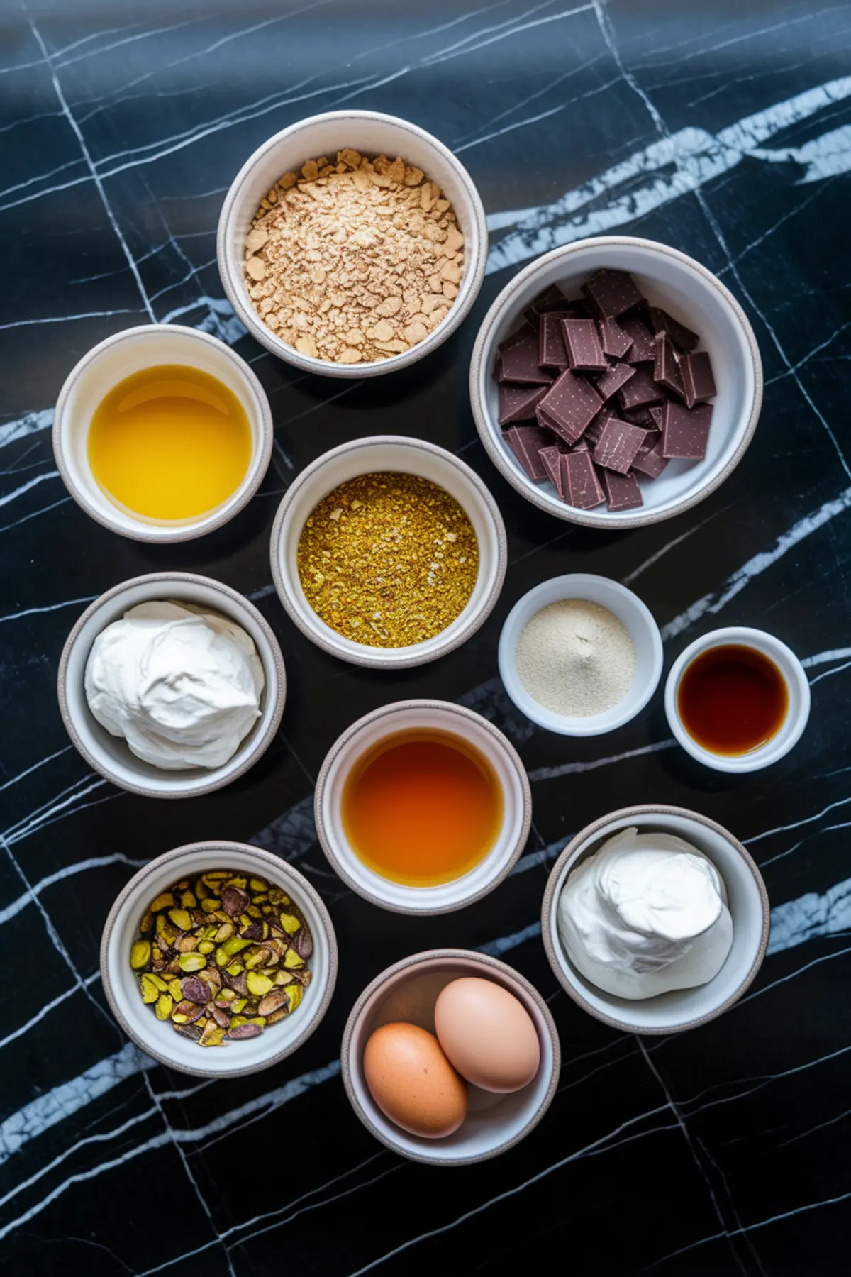 A flat-lay photo of small ceramic bowls filled with ingredients on a black marble surface. The ingredients include chopped chocolate, pistachios, honey, vanilla extract, eggs, whipped cream, and crushed biscuits, all arranged in an organized layout.