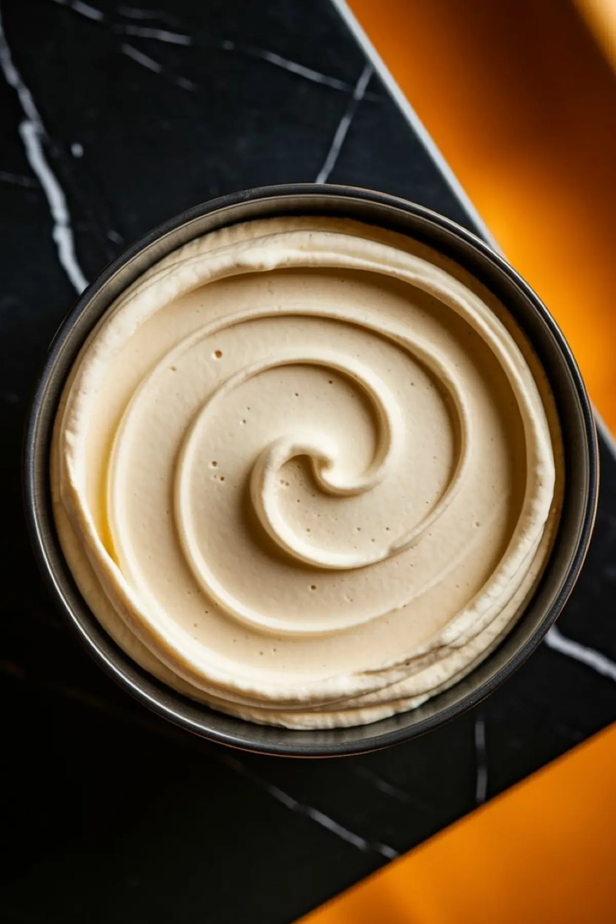 A close-up view of a smooth, swirled cheesecake filling in a baking pan. The creamy texture and delicate swirl design stand out against the dark marble background.