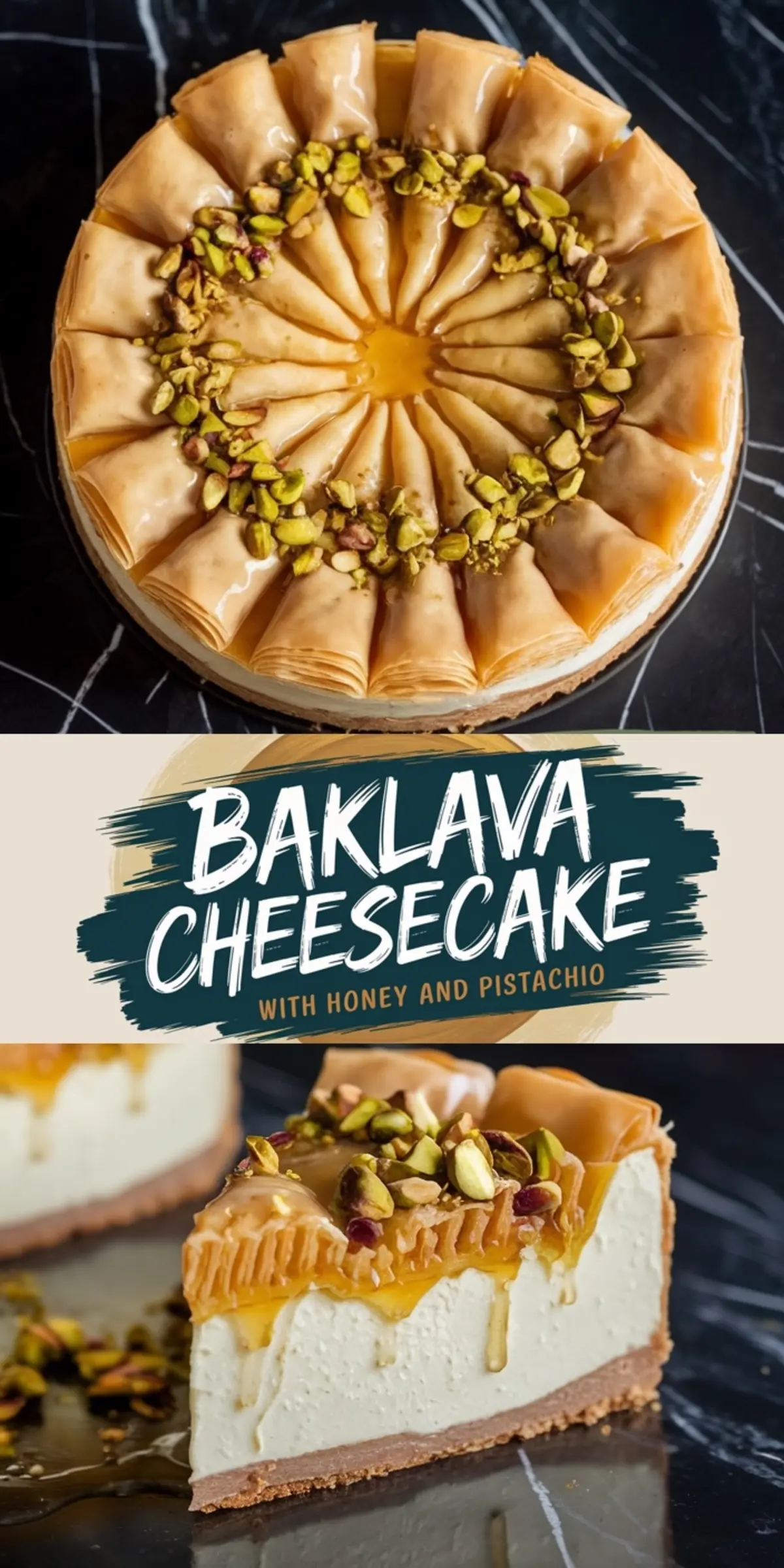 A collage featuring a top-down view of a baklava cheesecake with golden, flaky phyllo dough arranged in a circular pattern, drizzled with honey, and sprinkled with chopped pistachios. The bottom half showcases a close-up of a cheesecake slice, revealing the creamy filling, crisp phyllo layers, and glossy honey drizzle. The text “BAKLAVA CHEESECAKE with honey and pistachio” overlays the image.