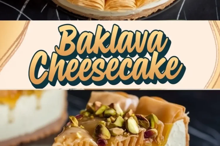 A collage of a baklava cheesecake with a crisp phyllo top, honey drizzle, and pistachios, along with a close-up of a sliced piece showcasing the creamy filling. The text “Baklava Cheesecake” is featured in bold lettering.