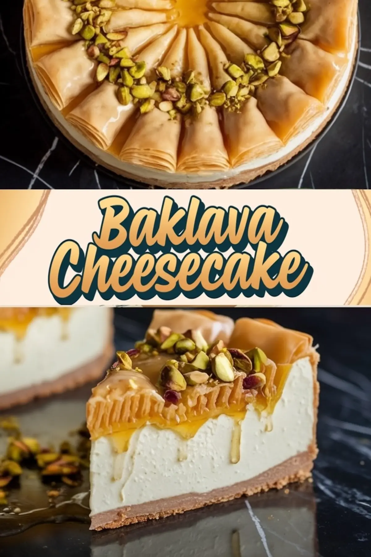 A collage of a baklava cheesecake with a crisp phyllo top, honey drizzle, and pistachios, along with a close-up of a sliced piece showcasing the creamy filling. The text “Baklava Cheesecake” is featured in bold lettering.