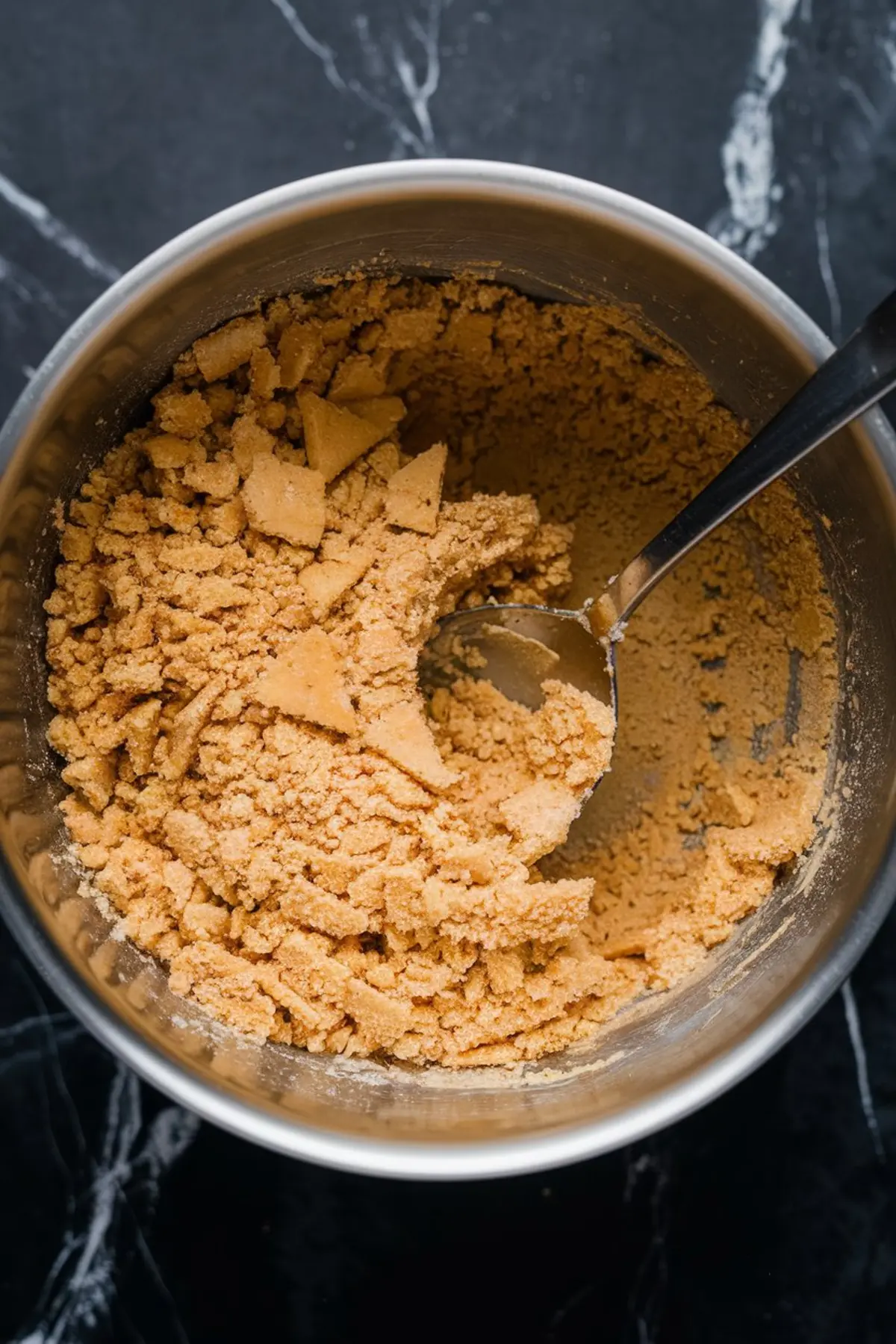 Overhead view of crushed graham crackers in a stainless steel mixing bowl with a spoon, showing the base preparation for layered dessert bars.
