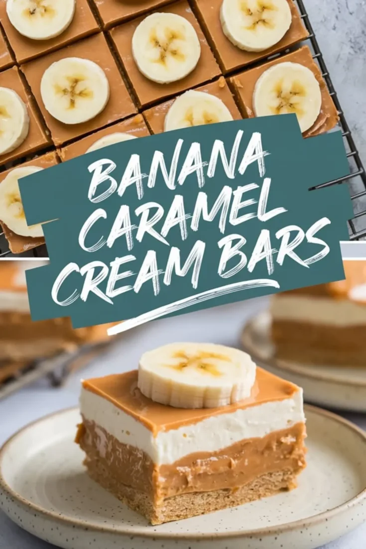 Collage featuring top view of banana caramel cream bars on a cooling rack and a close-up of a plated dessert slice. Bars are cut into squares with creamy caramel layers and banana rounds.