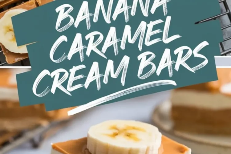 Collage featuring top view of banana caramel cream bars on a cooling rack and a close-up of a plated dessert slice. Bars are cut into squares with creamy caramel layers and banana rounds.
