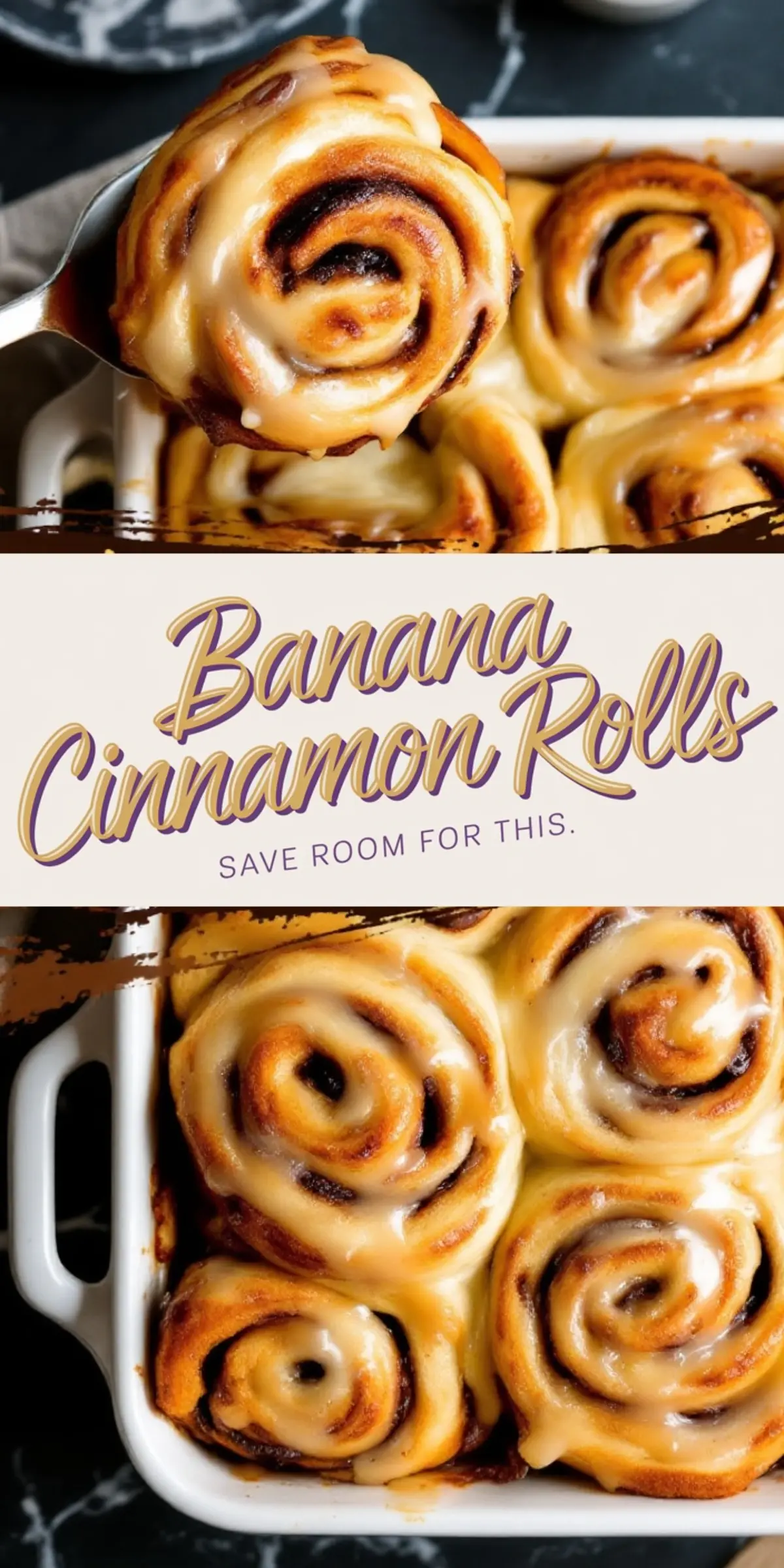 Close-up of banana cinnamon rolls in a white baking dish, swirled with golden-brown layers and topped with creamy glaze, with one roll lifted by a spoon to reveal soft, fluffy texture and caramelized edges.