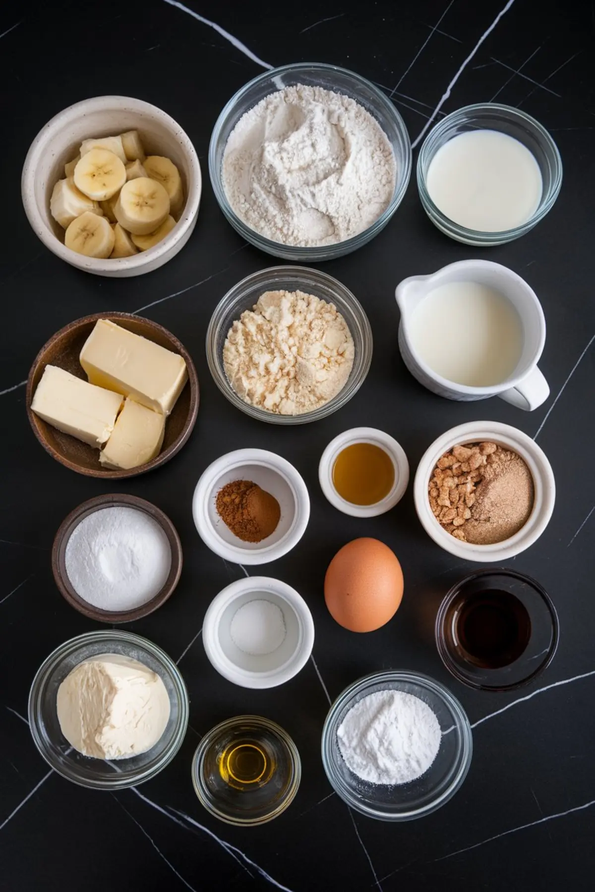 Flat lay of individual banana cinnamon roll ingredients on a black marble surface, including sliced bananas, flour, milk, butter, cinnamon, brown sugar, yeast, egg, and vanilla extract.