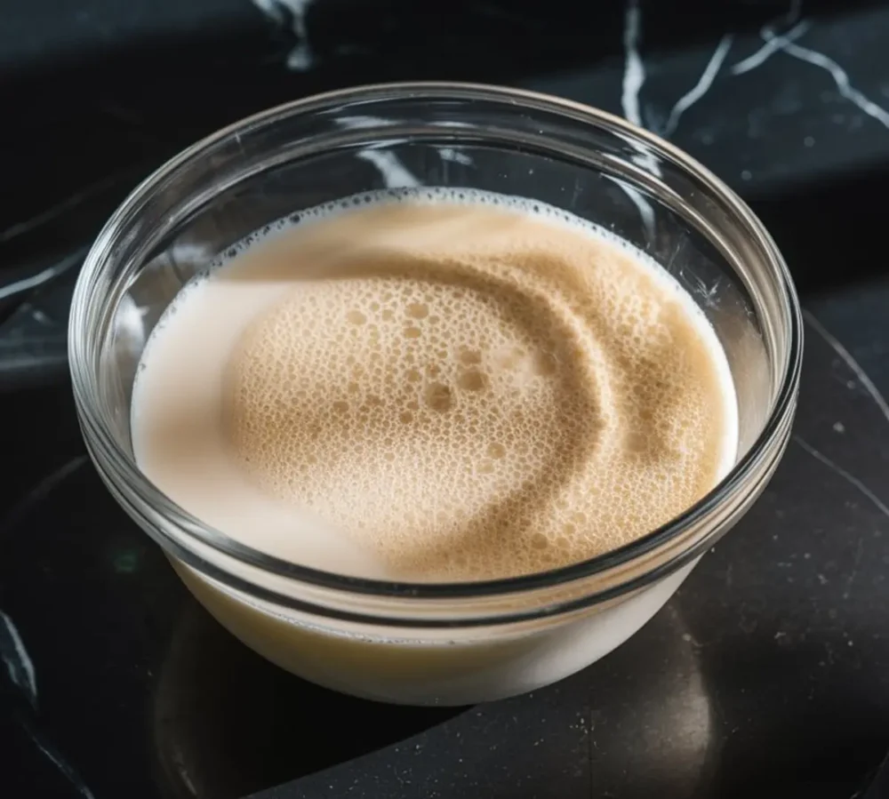 Glass bowl with foamy yeast mixture activated in warm milk, placed on a black countertop under natural light.