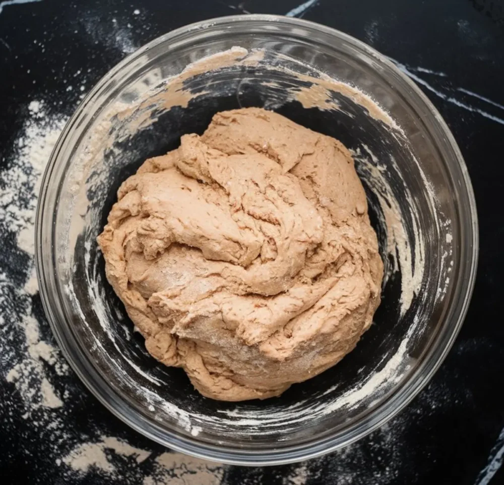 Raw banana cinnamon roll dough in a glass bowl, with a rough texture, partially mixed and surrounded by scattered flour on a black surface.