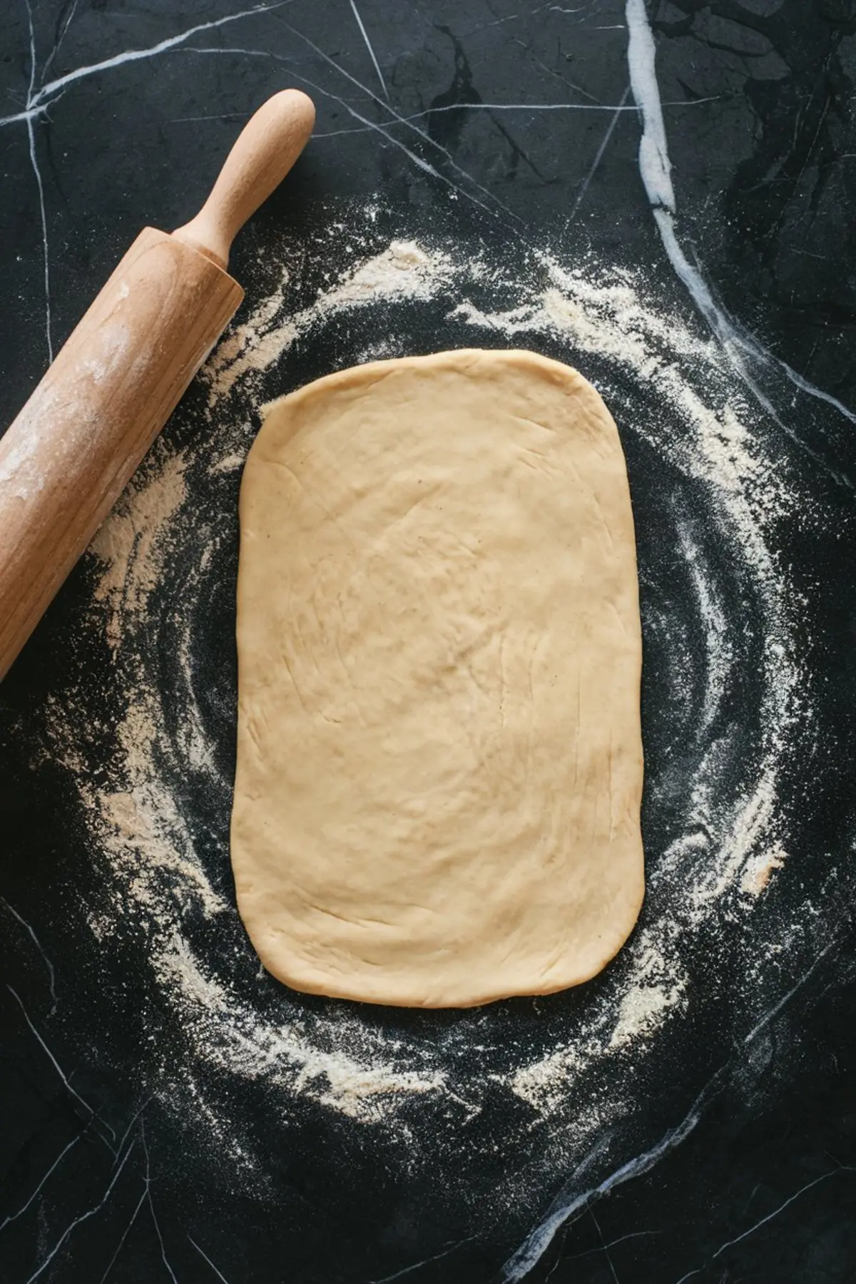 Rolled-out banana cinnamon roll dough shaped into a rectangle on a floured surface, with a wooden rolling pin to the side.