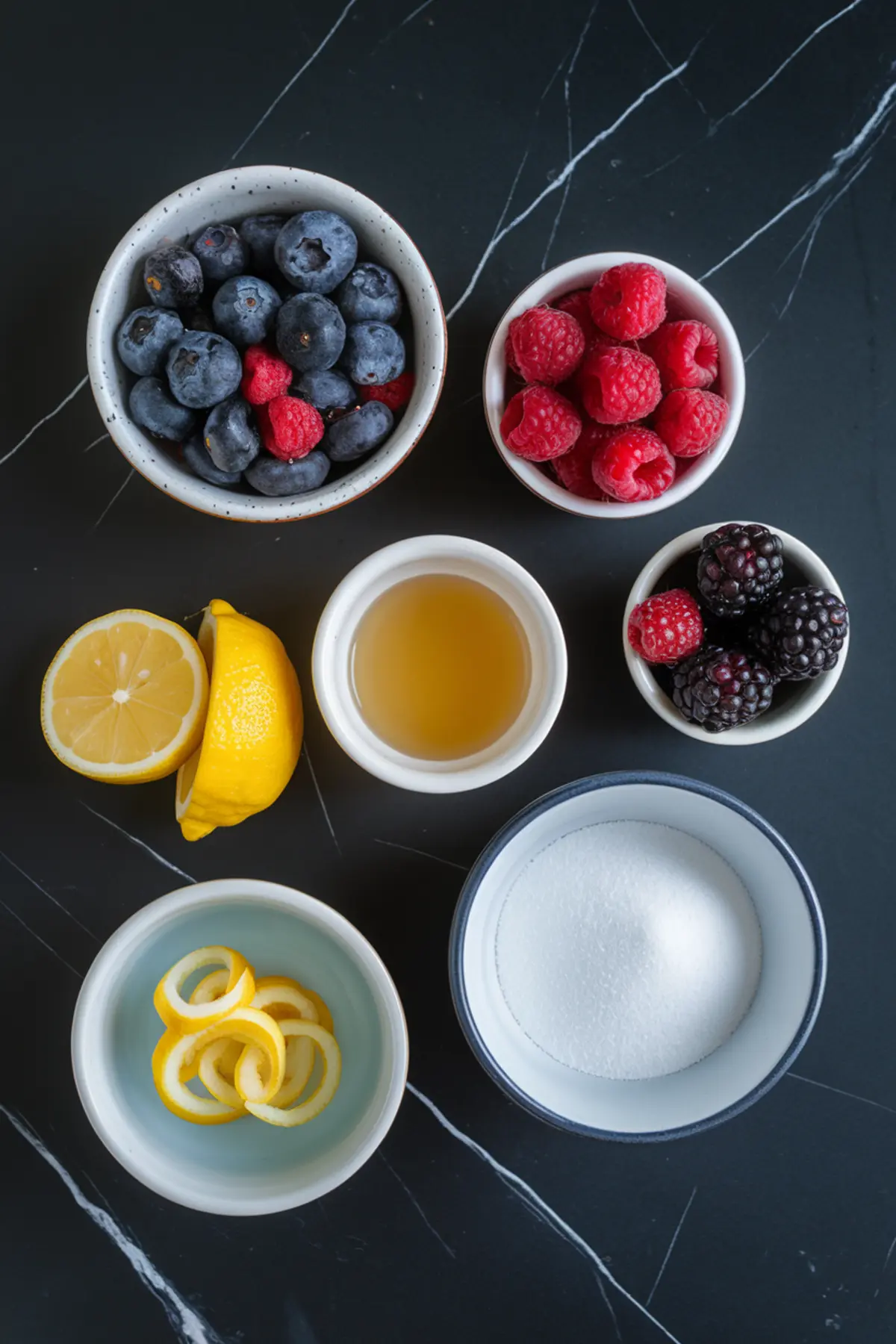Flat lay of berry lemonade sorbet ingredients on a black marble surface, including fresh blueberries, raspberries, blackberries, halved lemon, lemon zest, sugar, and a bowl of liquid, showcasing a colorful, natural mix.
