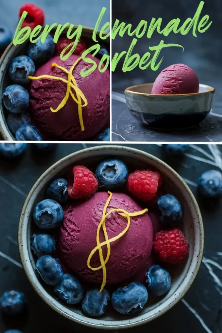Collage of berry lemonade sorbet in ceramic bowls, topped with lemon peel spirals and surrounded by fresh blueberries and raspberries, with one image showing a side profile and the others highlighting texture and garnish.