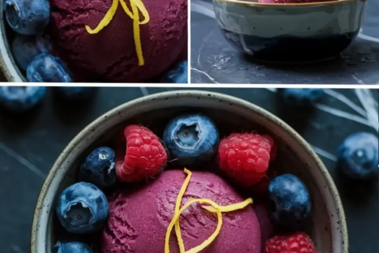 Collage of berry lemonade sorbet in ceramic bowls, topped with lemon peel spirals and surrounded by fresh blueberries and raspberries, with one image showing a side profile and the others highlighting texture and garnish.