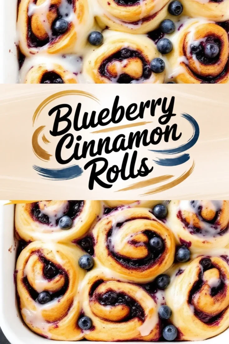 A collage featuring two views of blueberry cinnamon rolls in a white baking dish. The rolls are golden and fluffy, filled with blueberry compote, and drizzled with icing. A text overlay in decorative script says “Blueberry Cinnamon Rolls.”