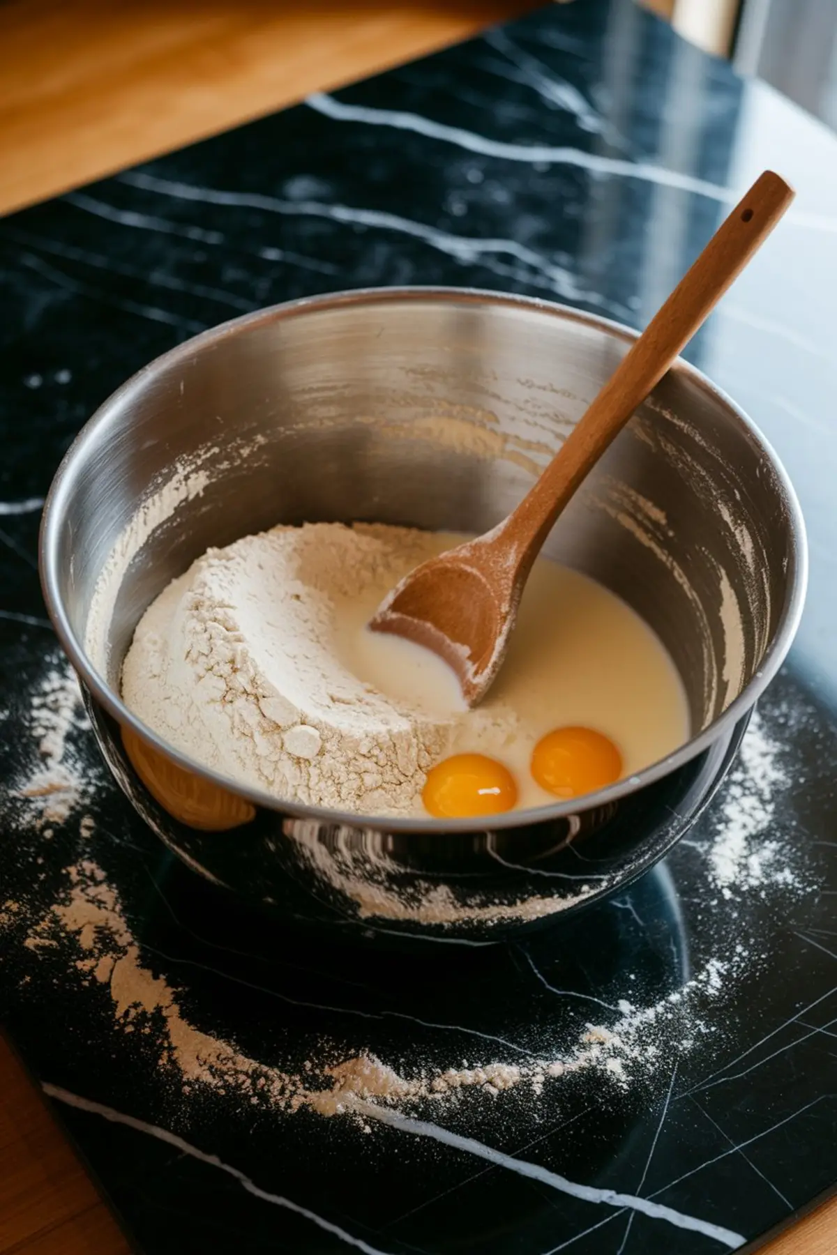 A stainless steel mixing bowl with flour, milk, and two egg yolks, set on a black marble countertop with scattered flour. A wooden spoon rests in the bowl, partially submerged in the ingredients.