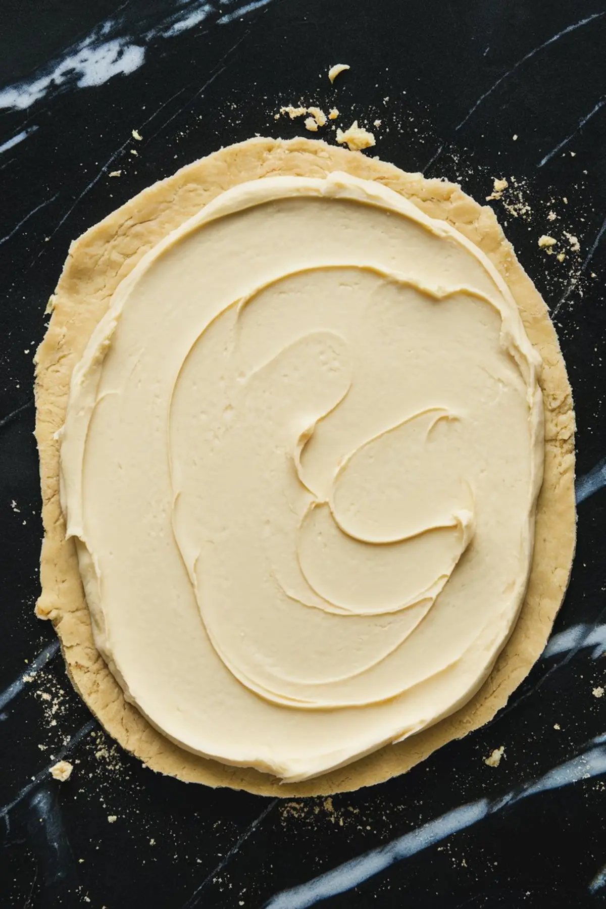 A sheet of raw dough spread with a thick layer of smooth cream cheese filling, sitting on a dark marble surface with scattered flour and dough crumbs. The filling has a creamy texture with soft swirls.