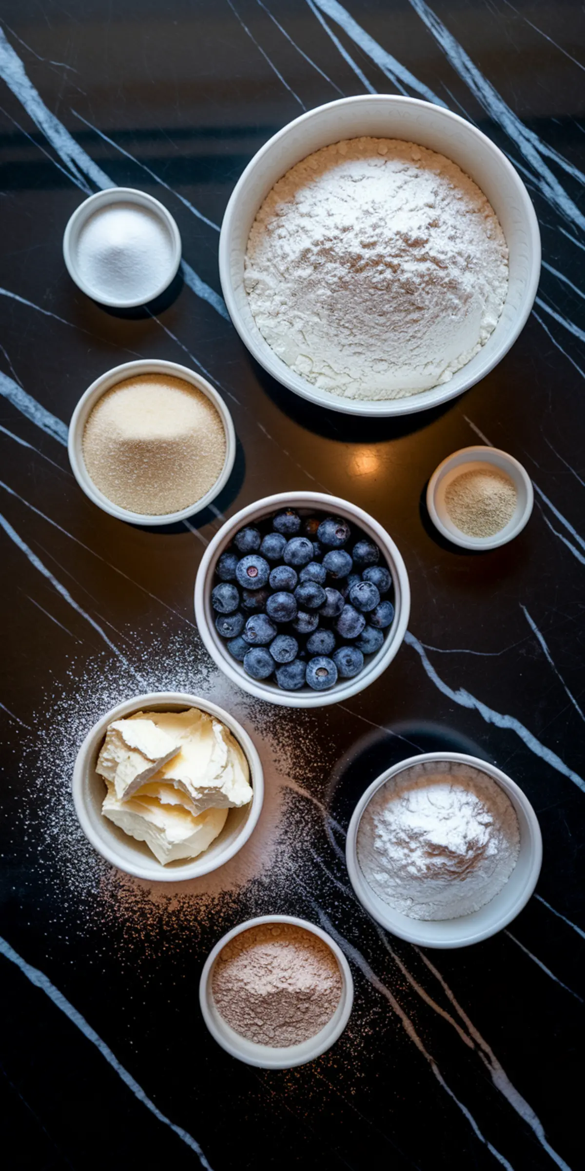 A flat lay of baking ingredients on a black marble countertop, featuring small bowls of flour, sugar, blueberries, butter, and yeast. Some ingredients are dusted on the surface, adding a rustic feel.