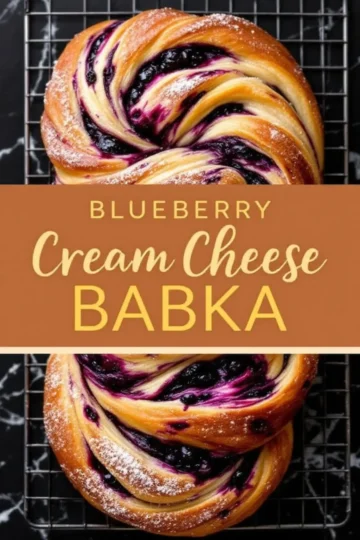 Blueberry cream cheese babka with a golden brown crust, swirls of blueberry filling, and a dusting of powdered sugar. The twisted dough design reveals layers of soft bread and rich filling. The babka sits on a cooling rack over a black marble surface, with a brown text overlay that reads “Blueberry Cream Cheese Babka.”