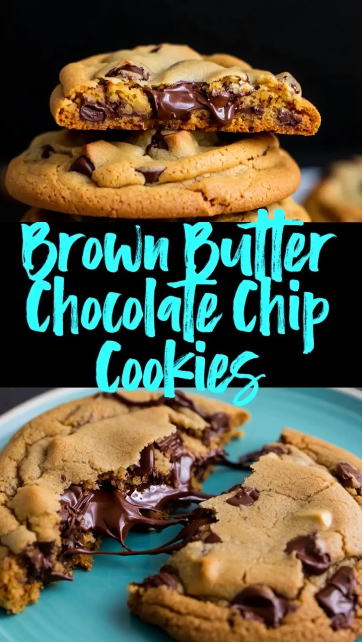 Close-up of thick brown butter chocolate chip cookies with a crispy edge and soft center, split open to show melted chocolate layers on a turquoise plate.