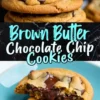 Cracked open brown butter chocolate chip cookie stacked on more cookies, highlighting molten chocolate chunks inside and golden texture throughout.