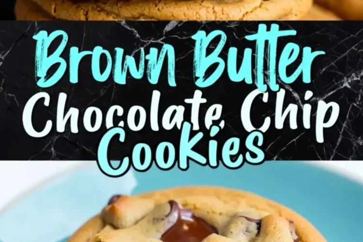 Cracked open brown butter chocolate chip cookie stacked on more cookies, highlighting molten chocolate chunks inside and golden texture throughout.