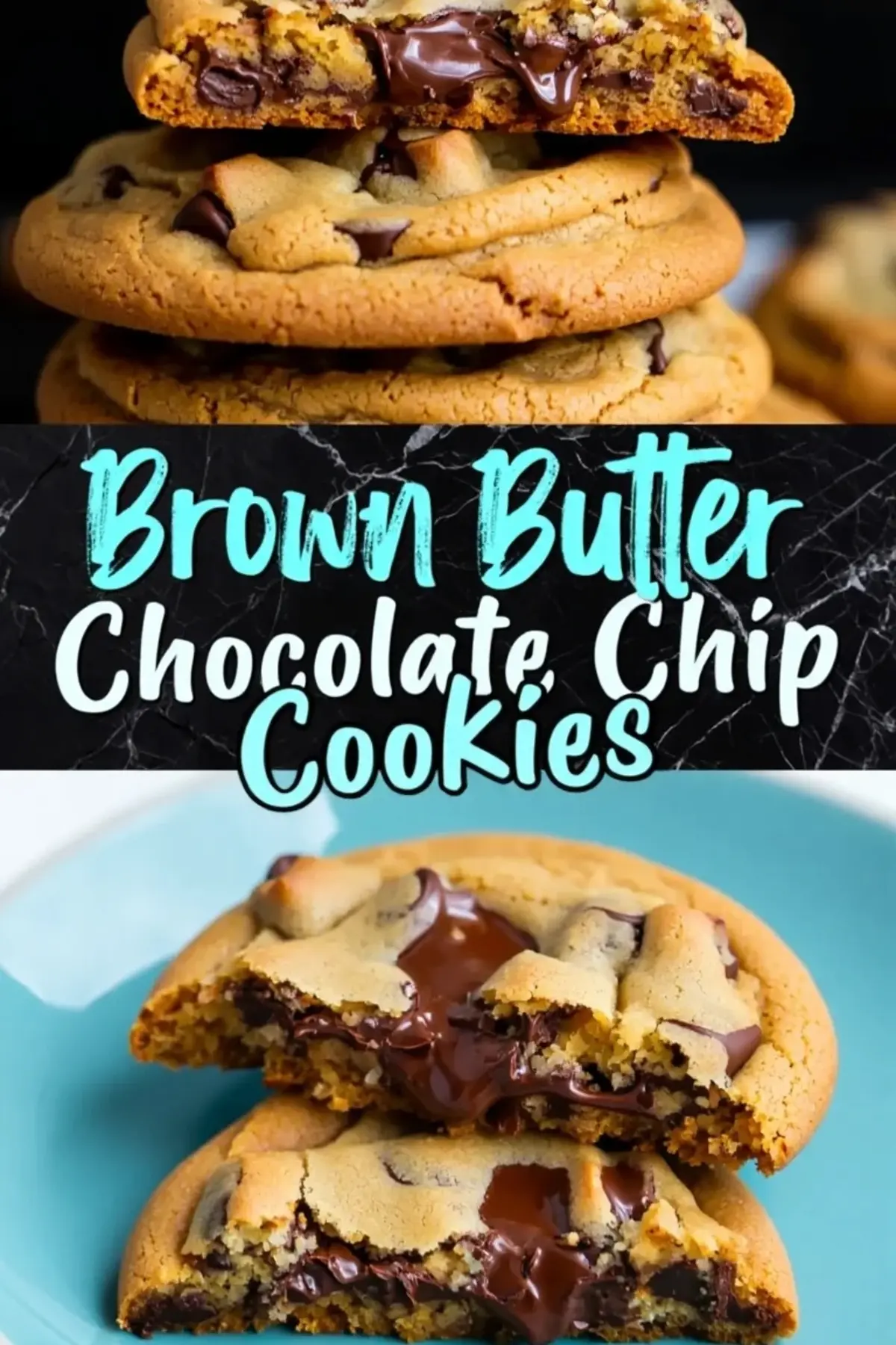 Cracked open brown butter chocolate chip cookie stacked on more cookies, highlighting molten chocolate chunks inside and golden texture throughout.