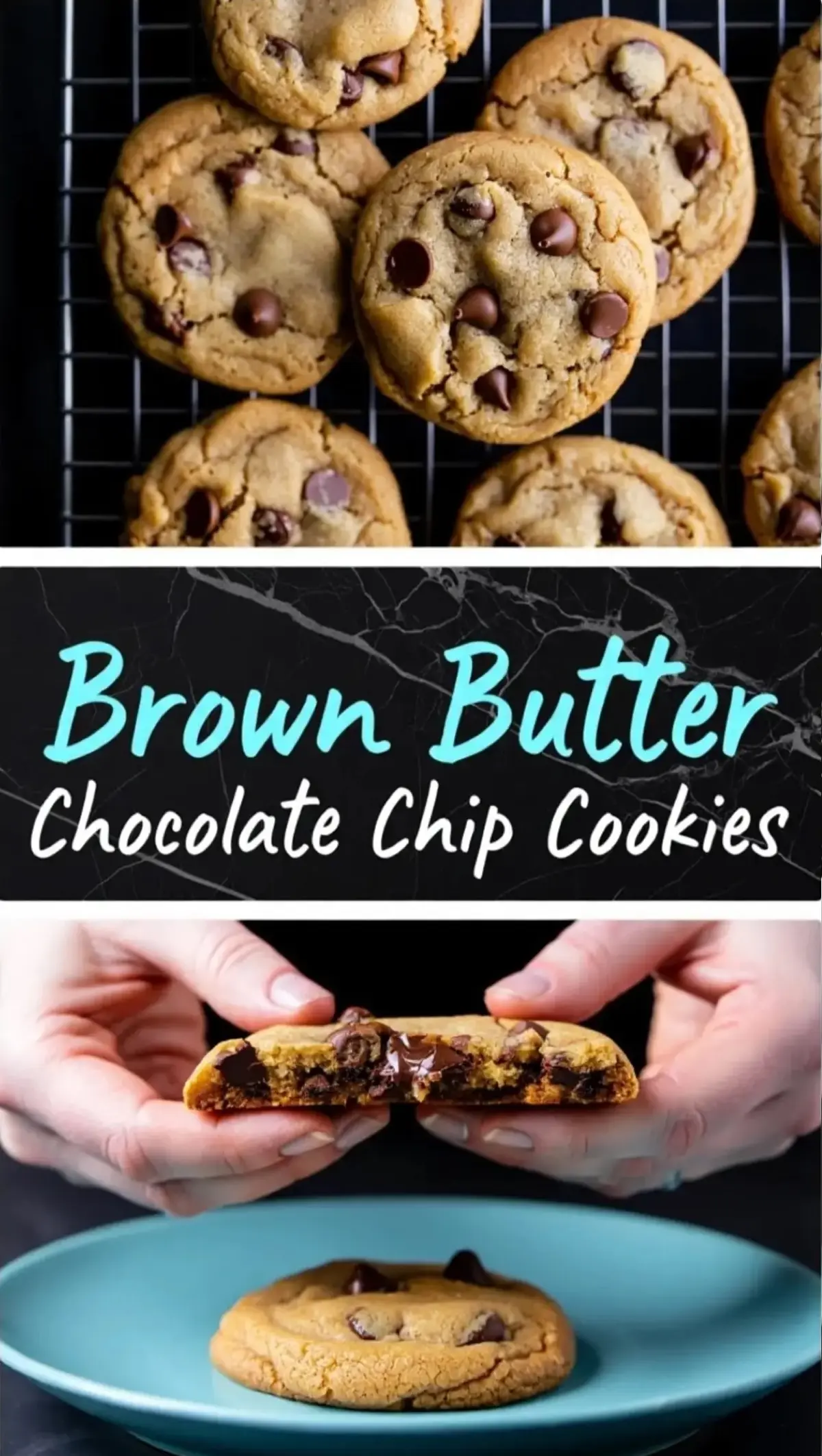Cooling rack filled with freshly baked brown butter chocolate chip cookies, followed by a hand breaking a warm cookie in half over a blue plate to reveal melted chocolate chips.