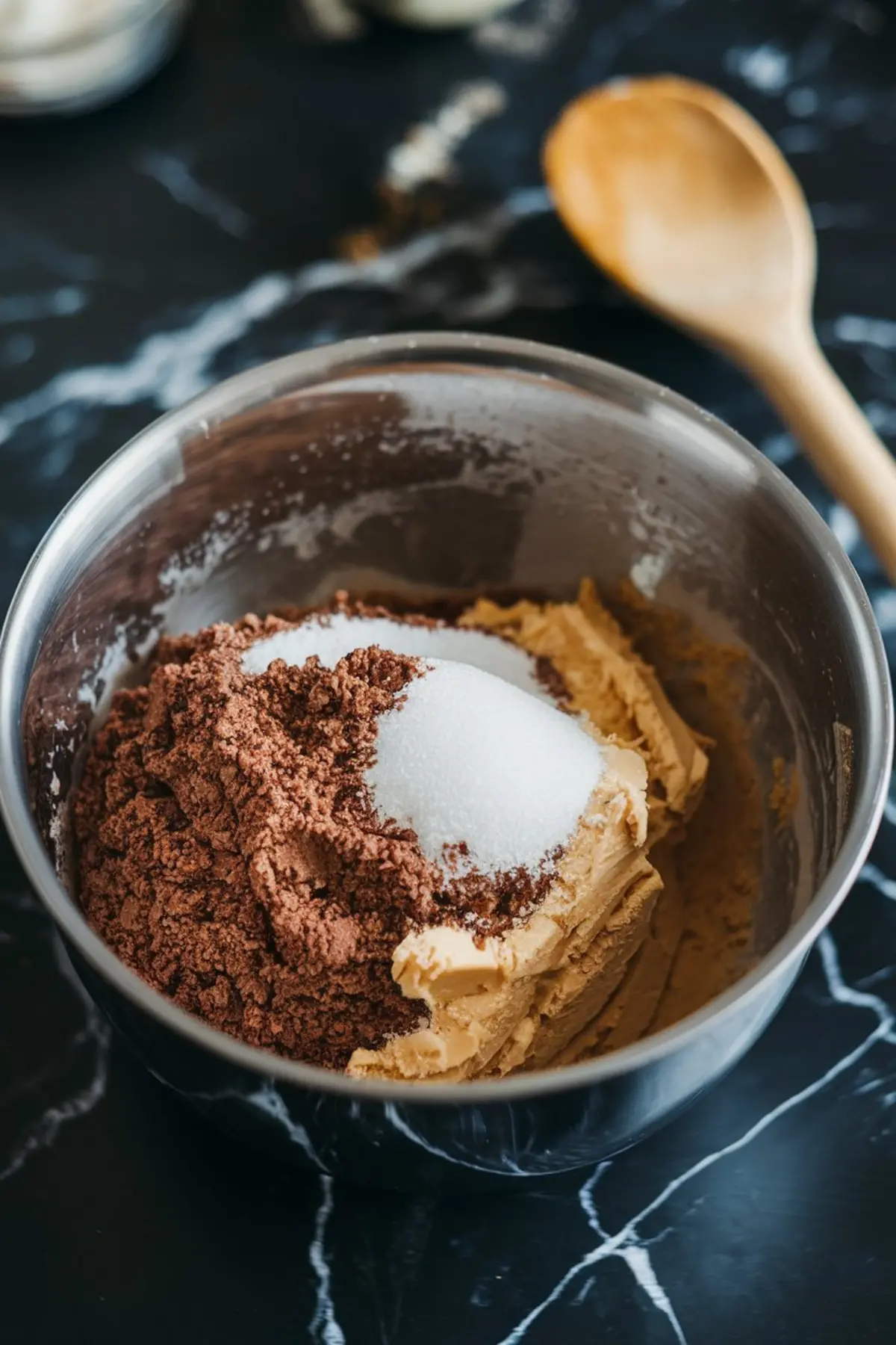 Mixing bowl filled with brown sugar, white sugar, and softened butter on a black marble counter, with a wooden spoon in the background.